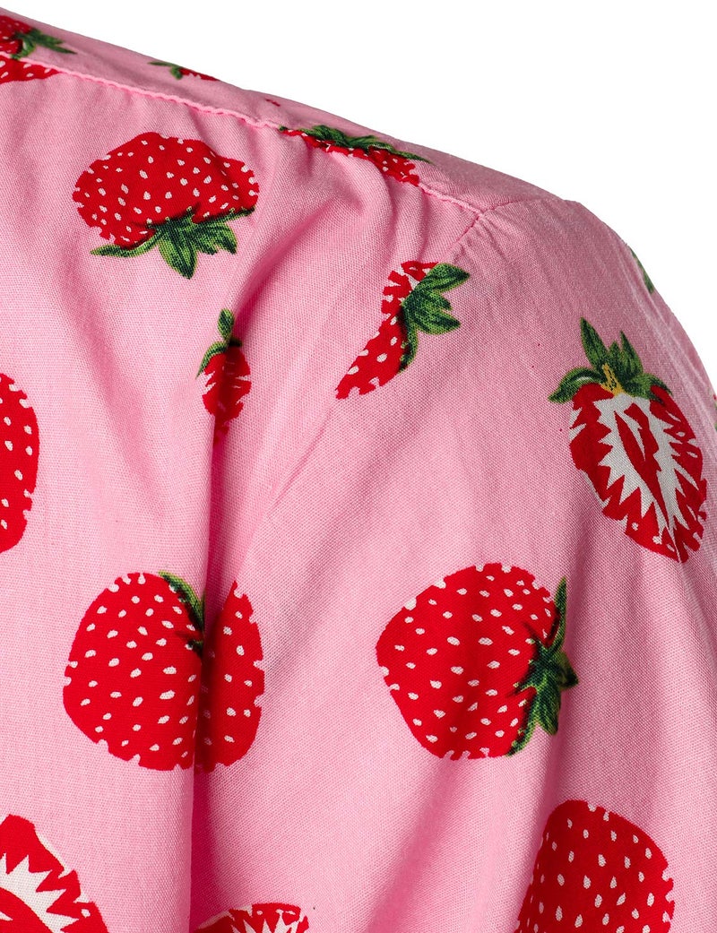 JOGAL Men's Cotton Button Down Short Sleeve Hawaiian Shirt Medium Pink Strawberry - Image 5